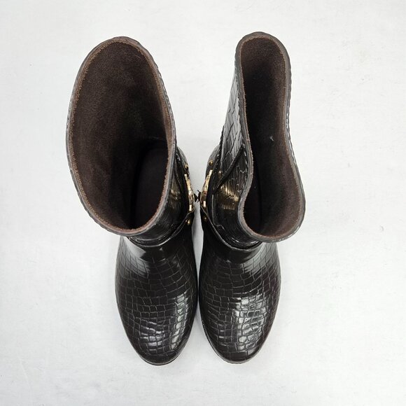 Michael Kors Rain Booties Dark Brown Croc Embossed Equestrian Rubber Rainboot - Picture 2 of 13